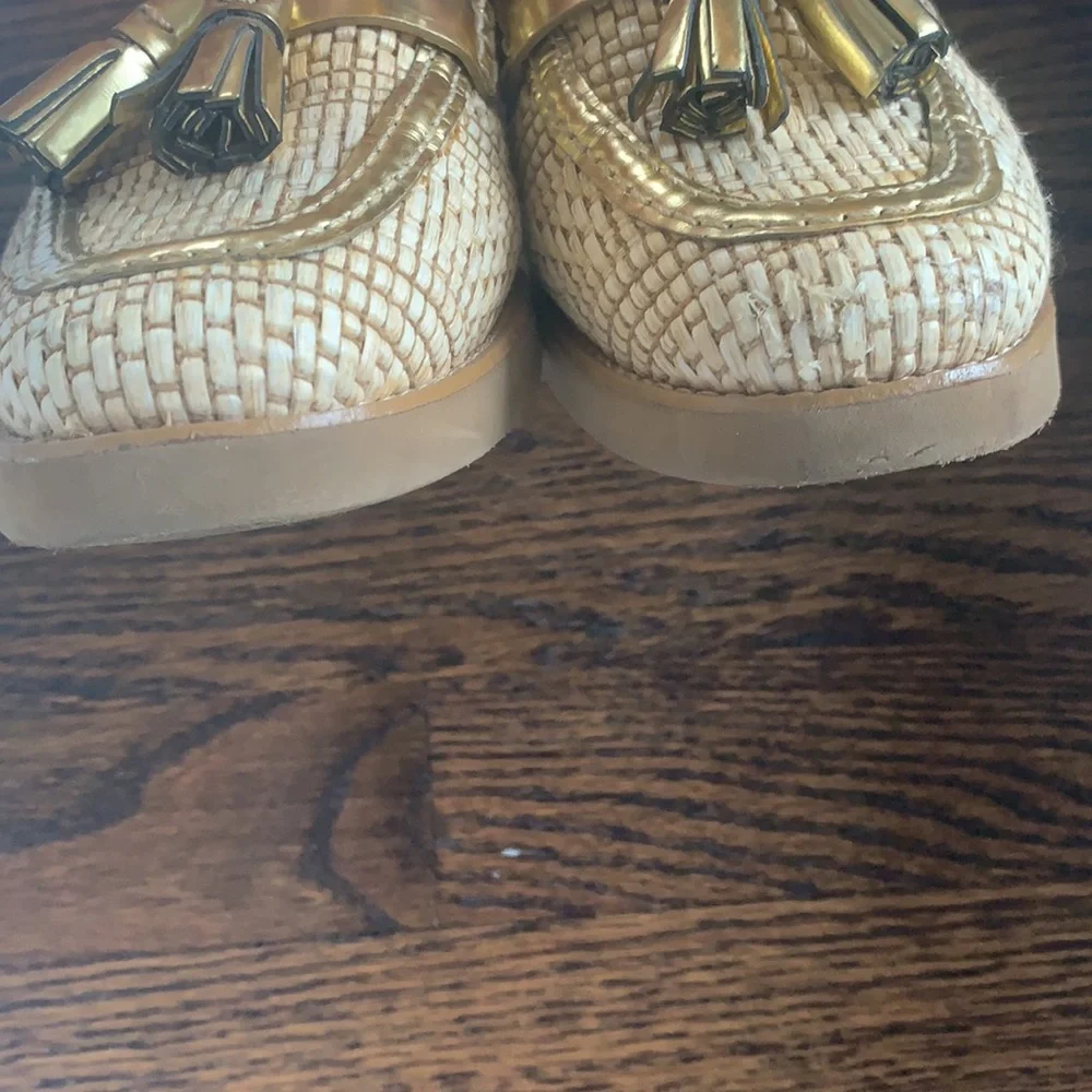 Tory Burch Cream Woven Tassel Loafers with Gold Trim